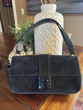 Salvatore Ferragamo Black Suede Shoulder Bag with Gancini Clasp